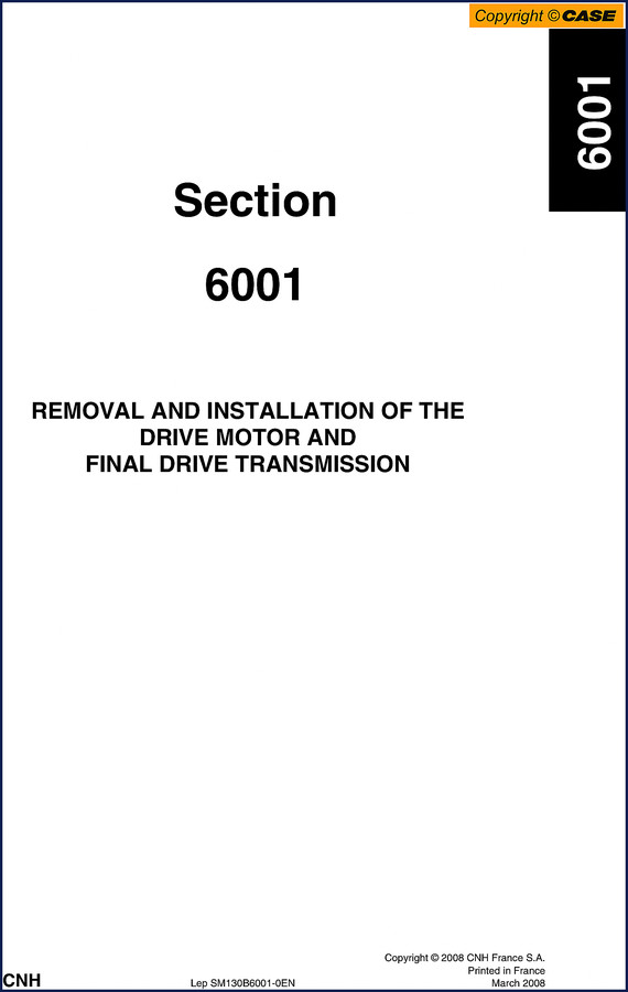 CNH CX160B 2008 Repair Manual cover with travel motor removal diagram