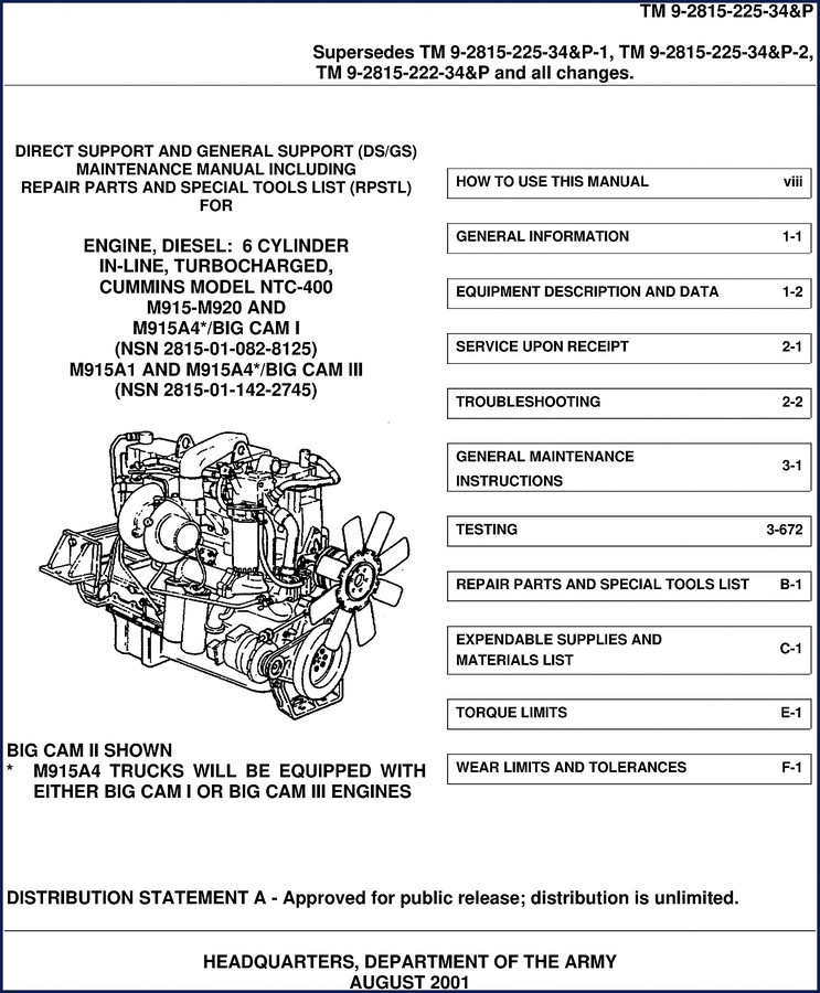 Cummins M915 M915A1 M915A4 M920 Big Cam III 2001 Service Manual cover showing engine cutaway and military vehicle