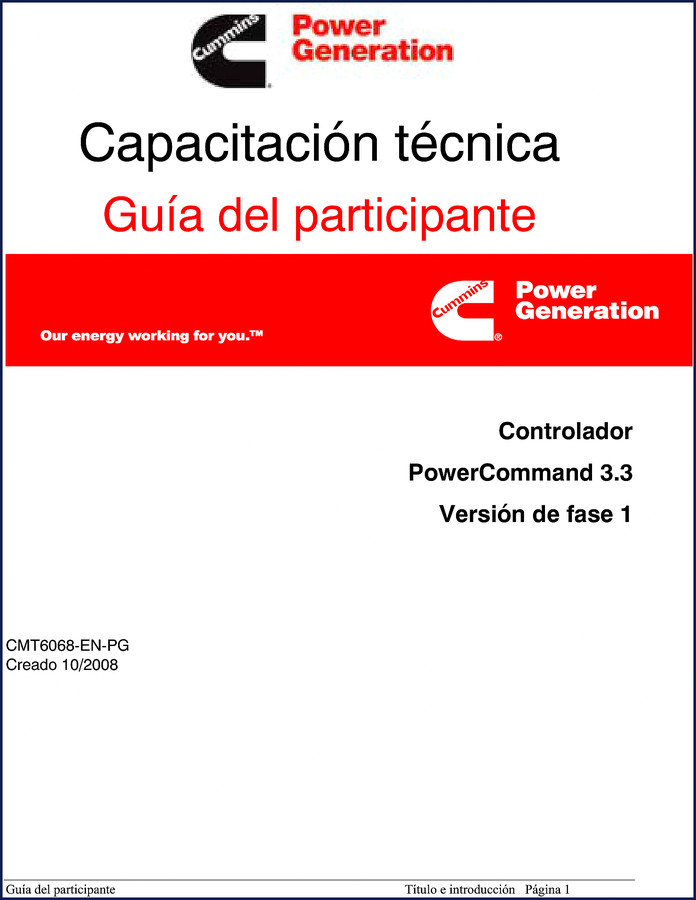 Cummins PowerCommand 3.3 HMI 320 training manual cover 2008