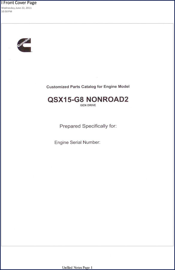 Cummins QSX15-G8 2011 Parts Catalog cover - factory 243-page OEM parts manual