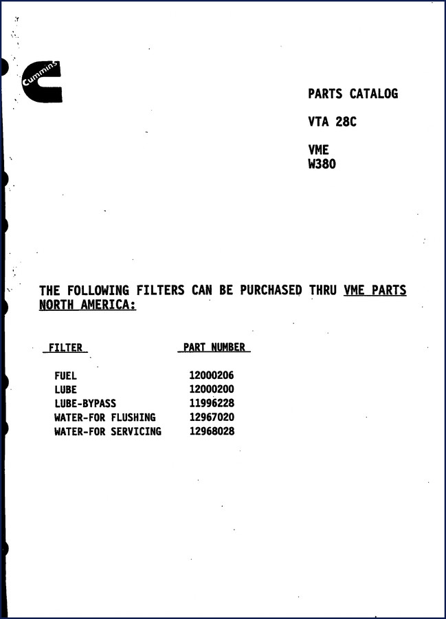 Cummins VTA 28C VME W380 Parts Catalog cover - OEM 626-page factory document