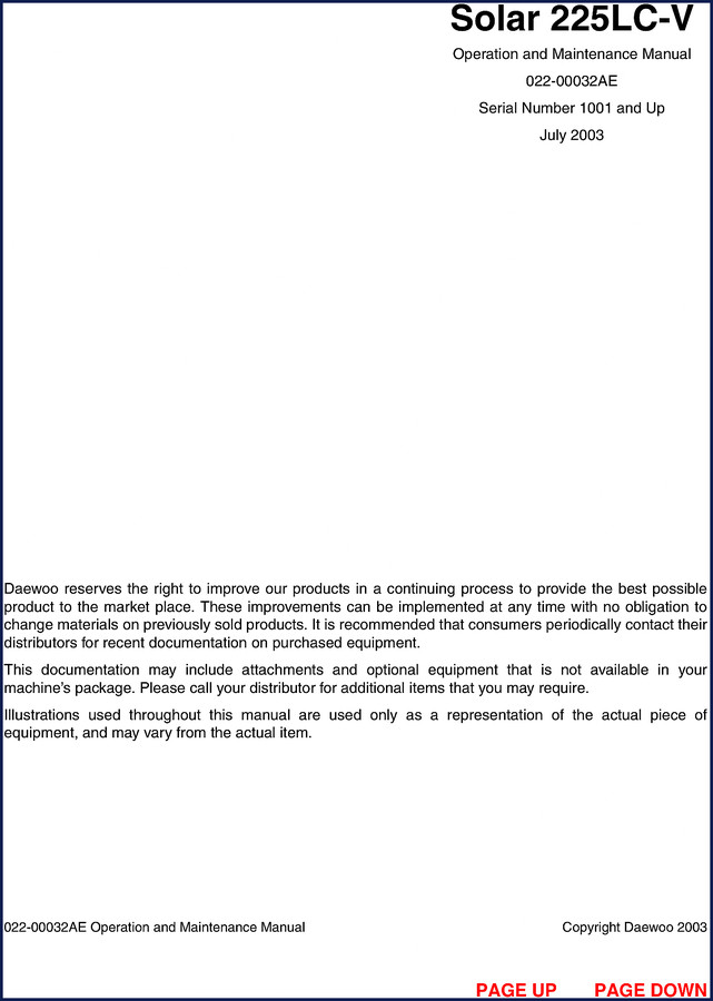 Daewoo 225LC 2003 Service Manual cover - Operation and Maintenance Manual