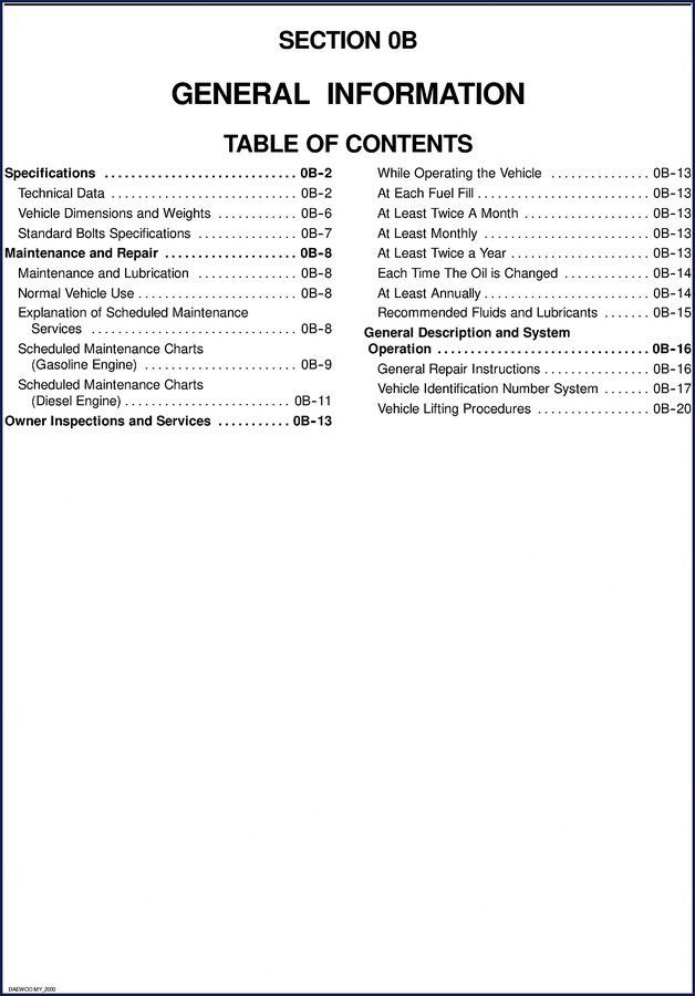 Daewoo 661LA 2000 Service Manual cover showing bus model and section index