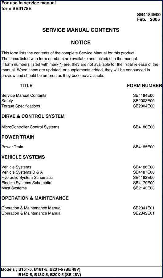 2005 Daewoo B15T-5 Service Manual cover showing OEM factory documentation for AC electric forklift models