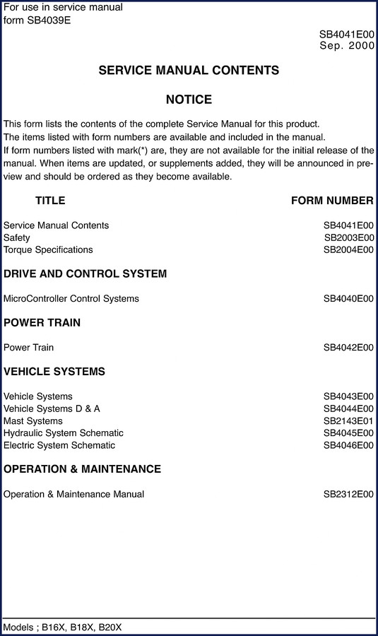 Daewoo B16X B18X B20X 2000 Service Manual cover showing SB4041E00 contents list