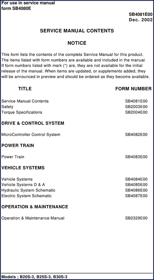 Daewoo B20S-3, B25S-3, B30S-3 2002 Service Manual cover showing forklift diagram and OEM part number