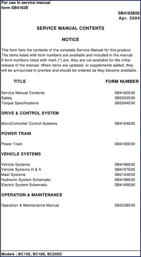 Daewoo BC15S BC18S BC20SC 2004 Service Manual cover - Factory OEM 457 pages