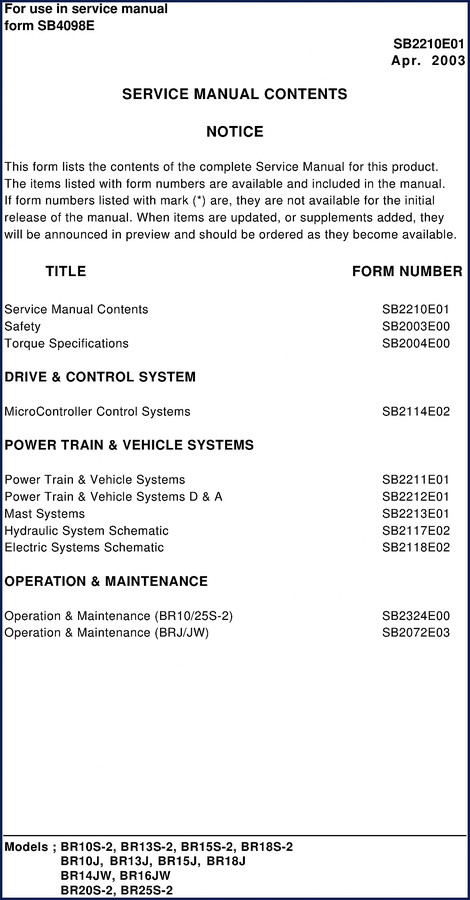 Daewoo BR10S-2 Technical Manual cover - OEM shop manual for electric lift trucks
