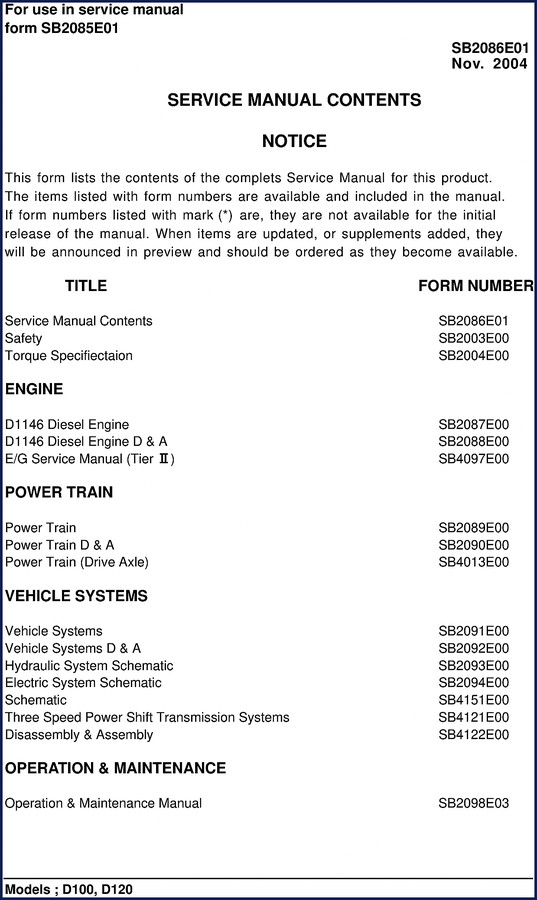 Daewoo D100 D120 1999 Service Manual cover page showing engine assembly diagram and bus model identification