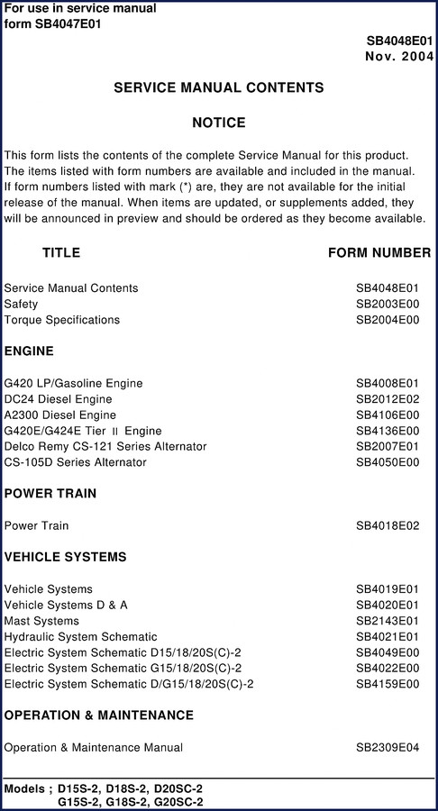 Daewoo D15S-2 D18S-2 D20SC-2 G15S-2 G18S-2 2000 Service Manual cover page showing forklift model line
