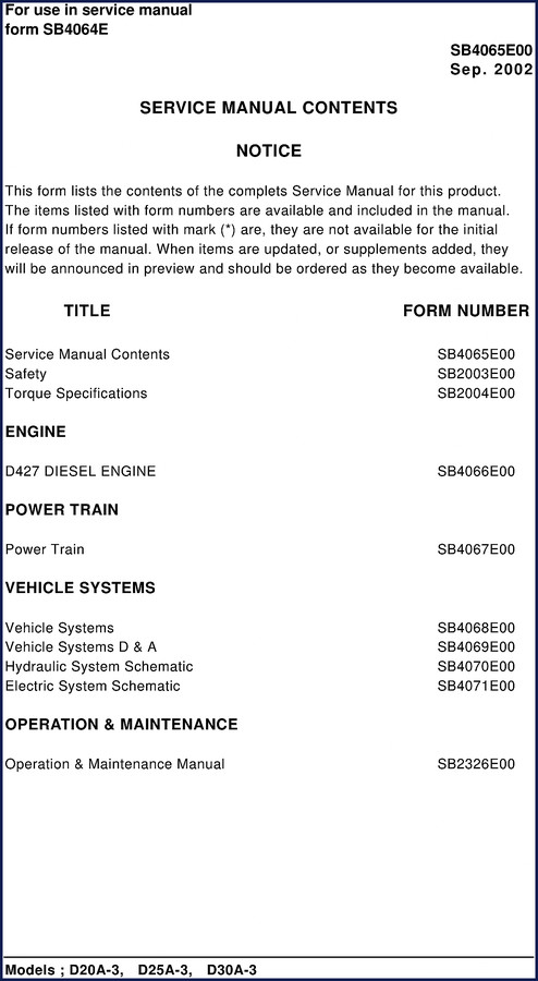 Daewoo D20A-3 D25A-3 D30A-3 2002 Service Manual cover