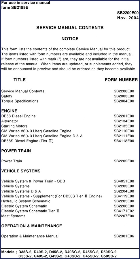 2004 Daewoo D35S-2 D40S-2 D45S-2 D40SC-2 D45SC-2 service manual cover showing engine and forklift” / style=