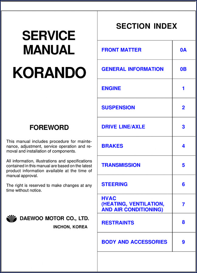 Daewoo Korando Service Manual 1462 pages cover image