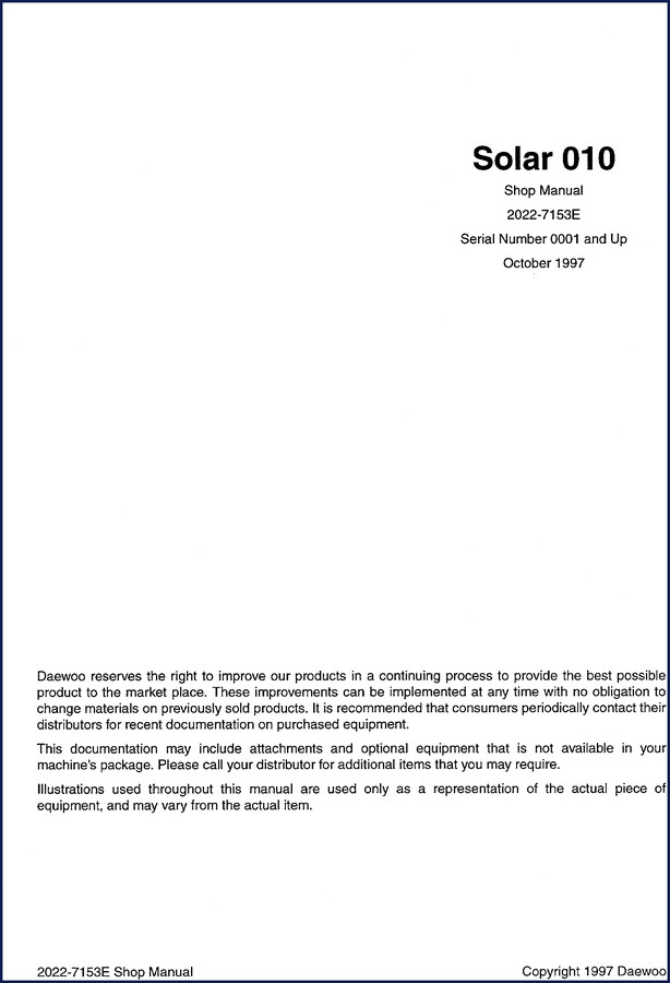 Daewoo SOLAR 010 1997 workshop manual cover showing bus and spec sheet