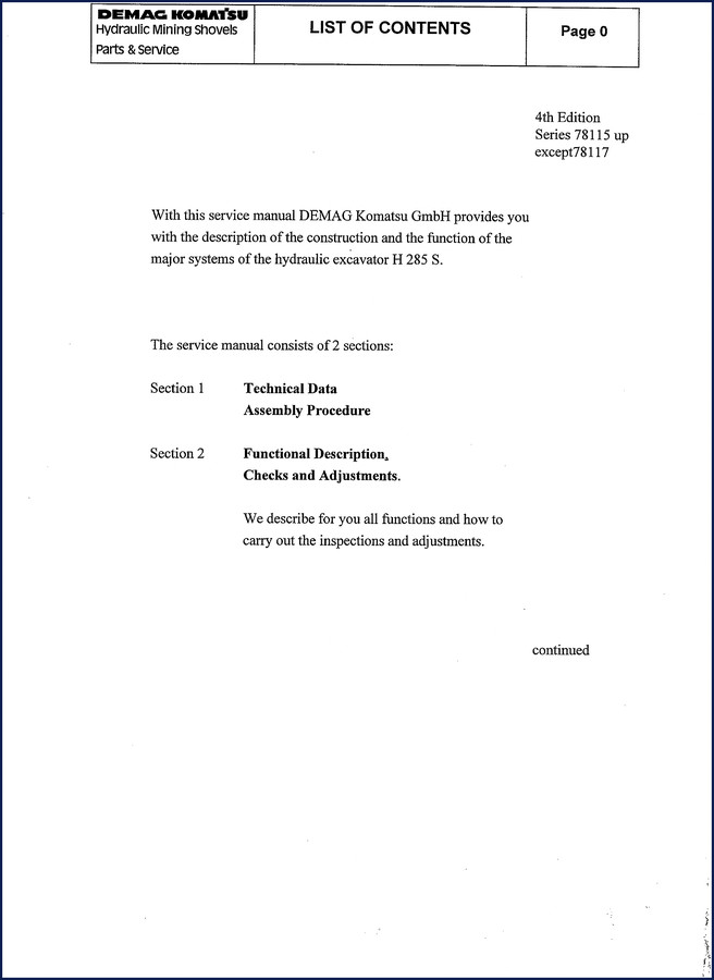 Demag Komatsu H 285 S Service Manual – 544-page factory repair manual for hydraulic mining shovel