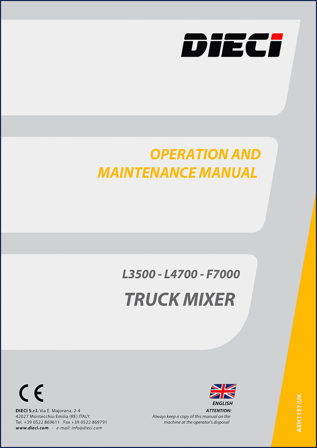 Dieci L3500 L4700 F7000 2012 Operators Manual cover showing truck mixer