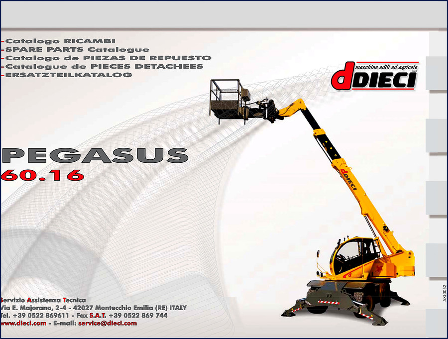 Dieci PEGASUS 60.16 Spare Parts Catalog multilingual cover with CE marking and machine diagram