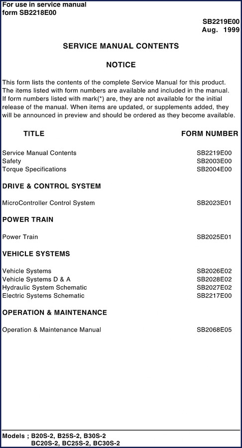 Doosan B20S-2 Service Manual 1999 cover