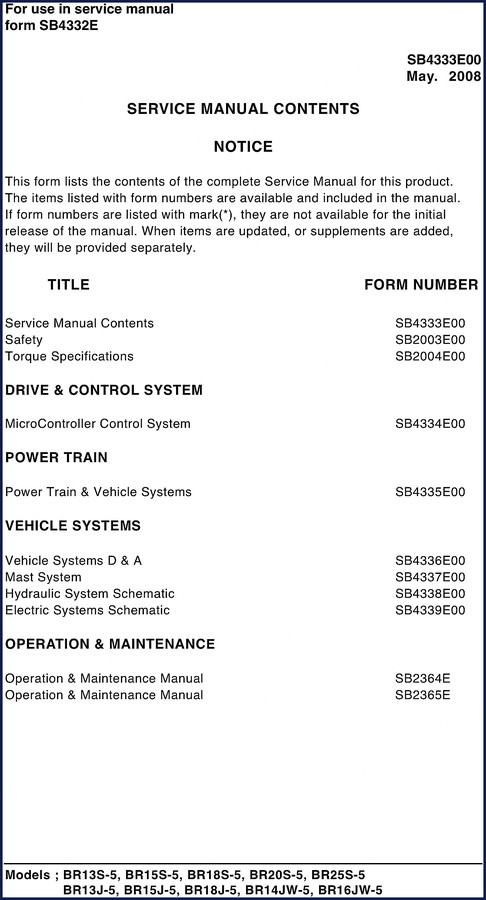 Doosan BR13S-5 BR15S-5 BR18S-5 BR20S-5 BR25S-5 2008 service manual cover showing a forklift