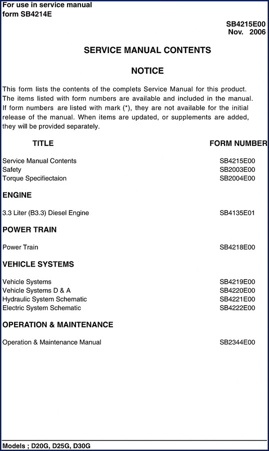 Doosan D20G D25G D30G 2006 Service Manual cover