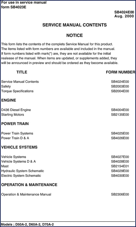 2000 Doosan D50A-2 D60A-2 D70A-2 Marine Service Manual cover page showing OEM factory document