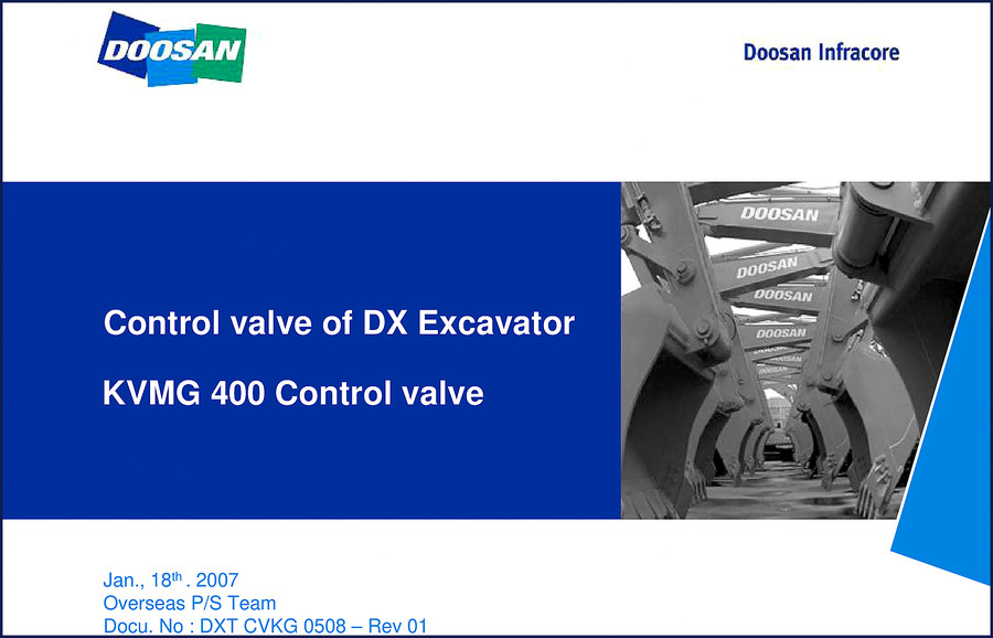 Doosan DX420LC DX480LC DX520LC 2007 Technical Manual cover showing KVMG400 control valve diagram