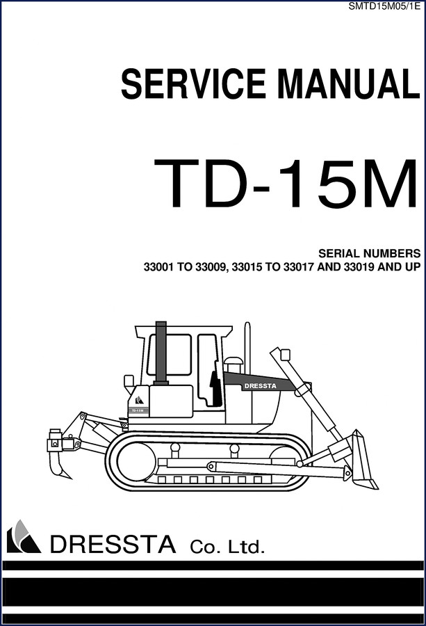 Dressta TD-15M Service Manual cover showing dozer and serial number range 33001-33009 etc.