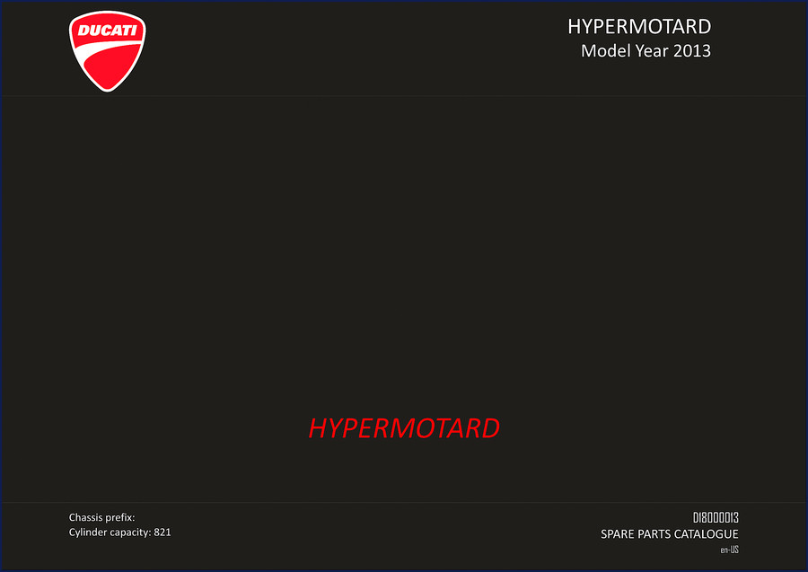 Ducati HYPERMOTARD 2013 Parts Catalog cover showing model year and factory part numbers
