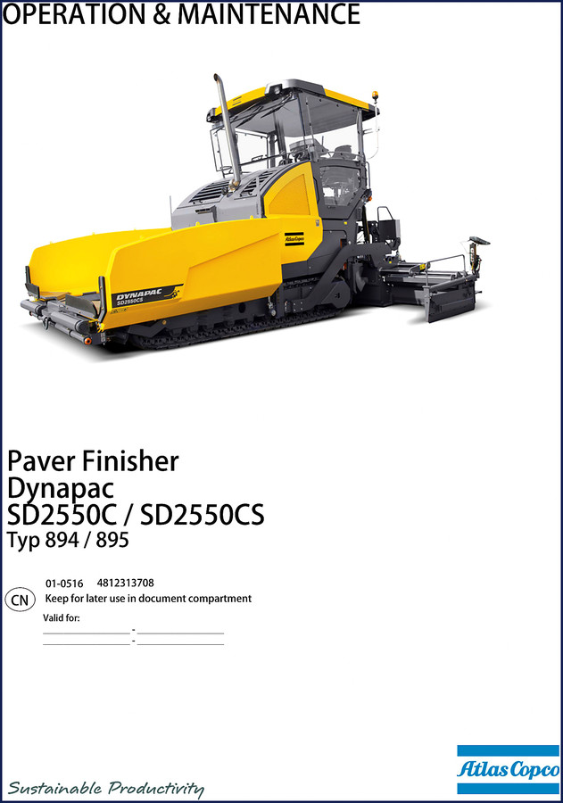 Dynapac SD2550C and SD2550CS factory operators manual cover showing paver finisher on orange background