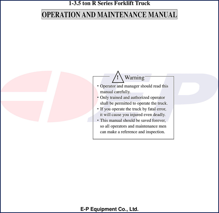 E-P Equipment R Series 2005 Operators Manual cover page showing forklift diagram