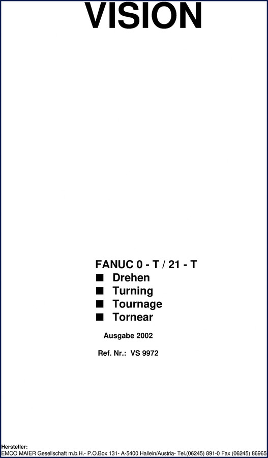 Fanuc 0-T 21-T 2002 Training Manual cover page with control panel layout