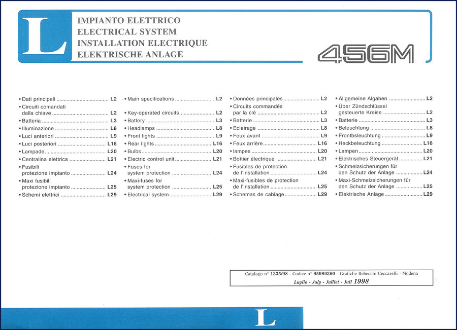 Ferrari 456M 1998 Electrical Schematic manual cover showing wiring diagram layout