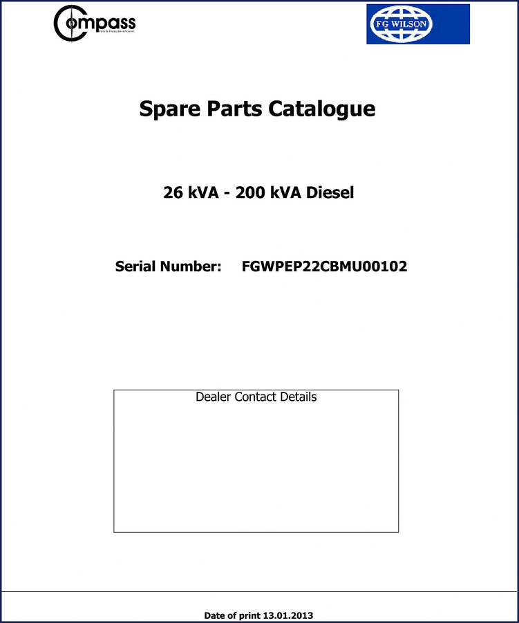 FG Wilson 200 kVA 26 kVA 2013 Parts Catalog cover showing generator and engine components