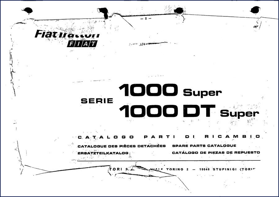 Fiat 1000 Super and 1000 DT Super OEM Parts Catalog cover showing engine diagrams and multilingual titles