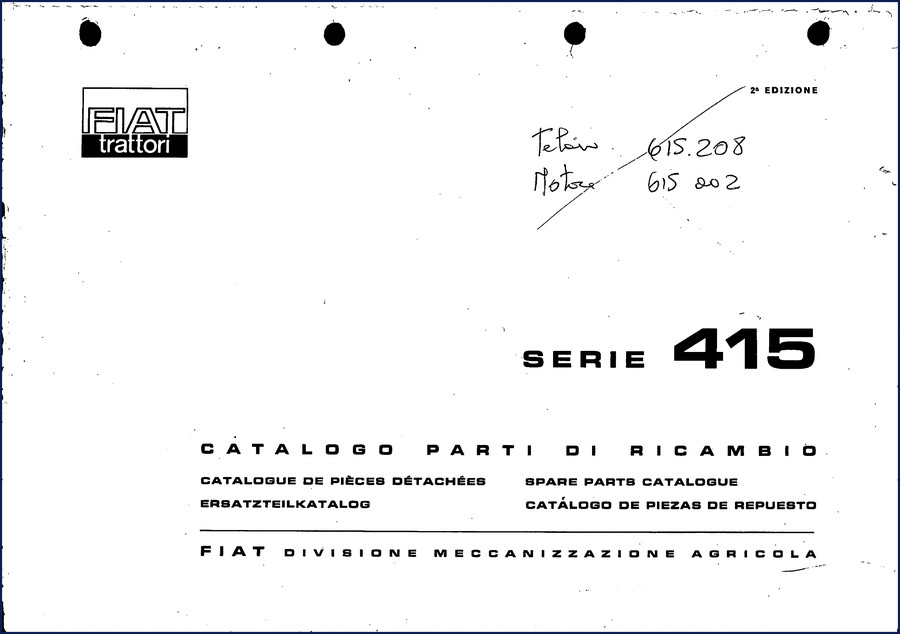 Fiat Powertrain Technologies 415 Parts Catalog – Factory OEM parts manual for Fiat 415 series tractors, multilingual document 358 pages