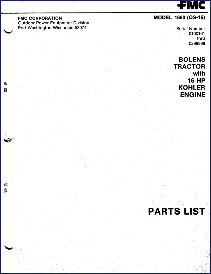 FMC Bolens 1660 Tractor Parts Catalog - 23-page factory parts list for model 1660 with Kohler engine