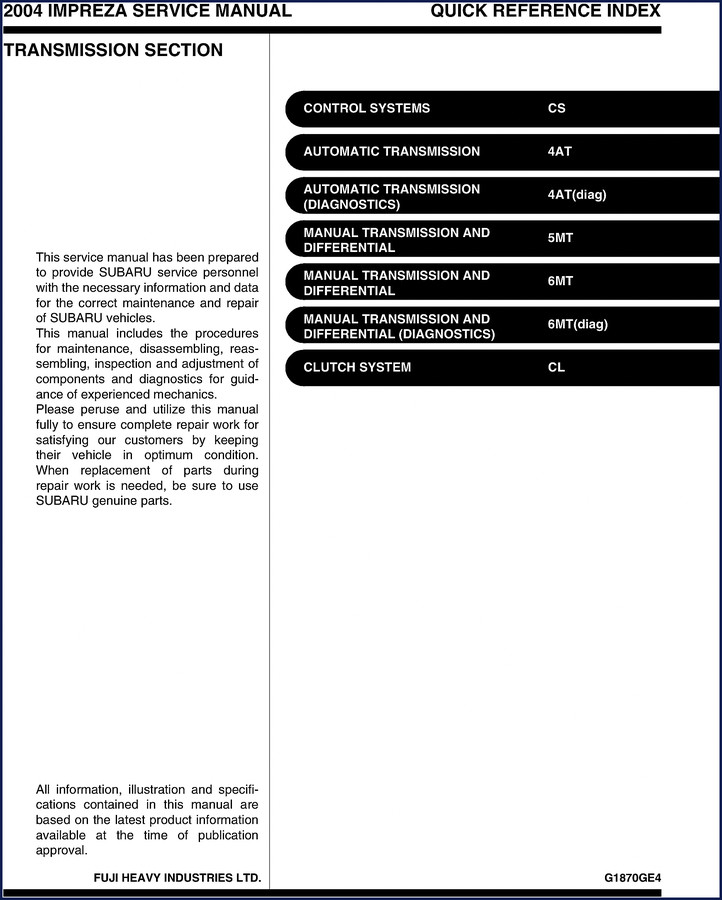 2004 FUJI Heavy IMPREZA Service Manual cover – transmission and driveline diagrams