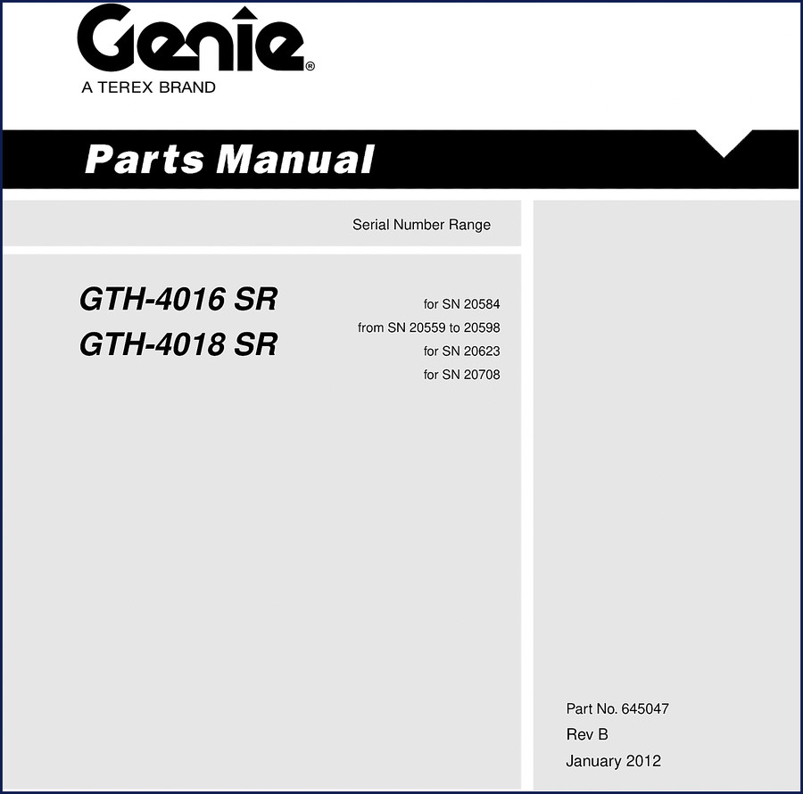 Genie GTH-4016 SR and GTH-4018 SR 2012 Parts Catalog – factory OEM parts manual with serial number ranges and exploded views