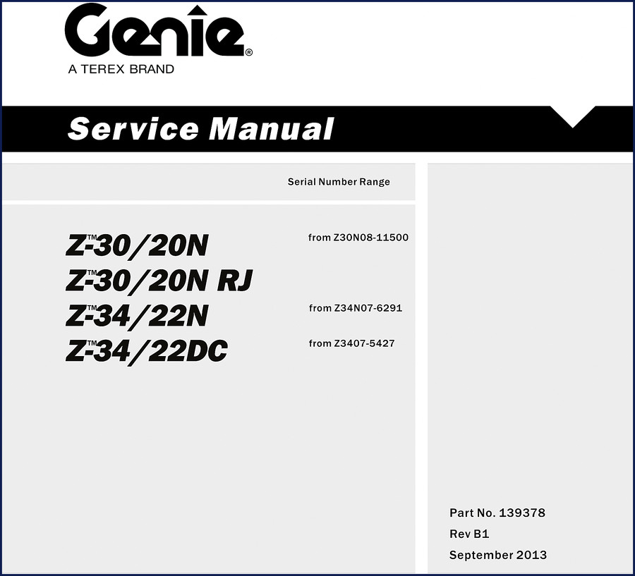 Genie Z-30/20N service manual 2013 cover showing serial number range and part number 139378