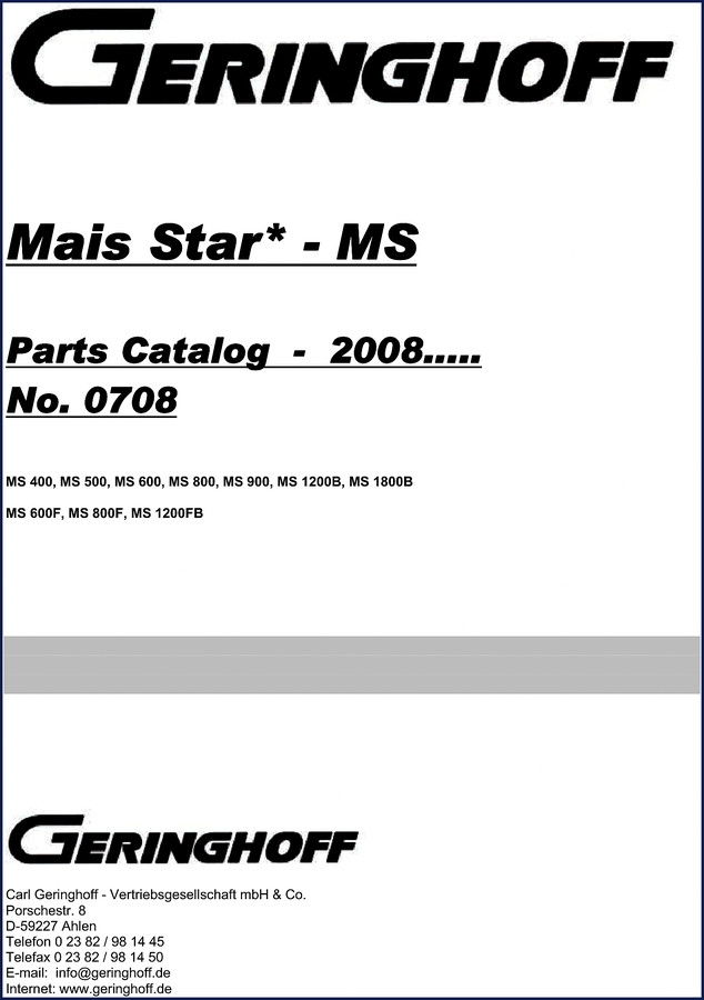 Geringhoff MS 400 2008 Parts Catalog cover showing Mais Star header