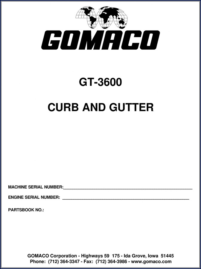 Gomaco GT-3600 Parts Catalog cover showing curb and gutter machine