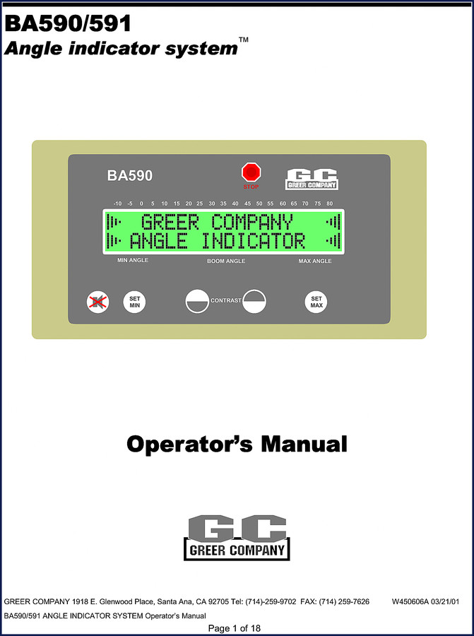 Greer BA590 BA591 Angle Indicator System Operators Manual 2001 - Page 1 showing boom angle display