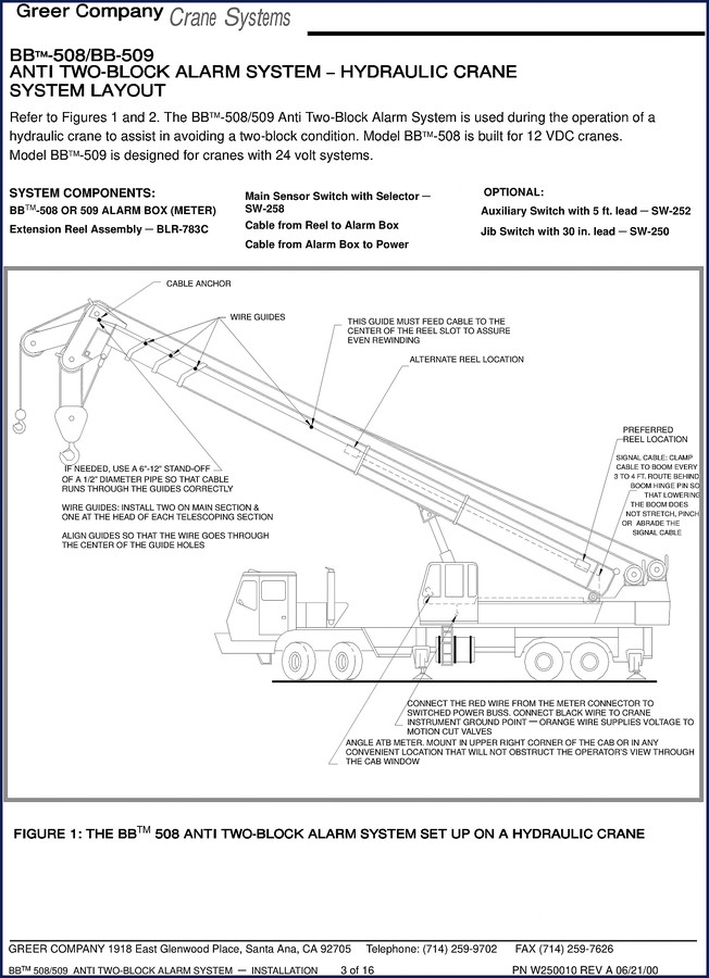 Greer BB-508/509 Anti Two-Block Alarm System Installation Manual 2000 cover page showing system layout diagram