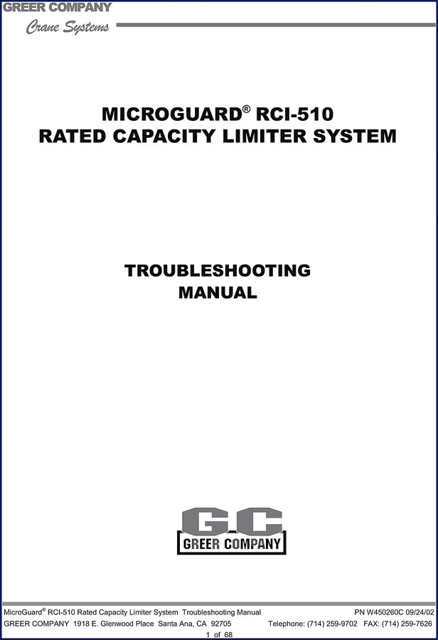 Greer RCI-510 2002 Troubleshooting Manual cover showing MicroGuard system diagram