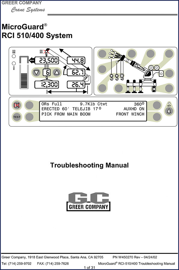 Greer RCI-510/400 2002 Troubleshooting Manual cover showing MicroGuard system display