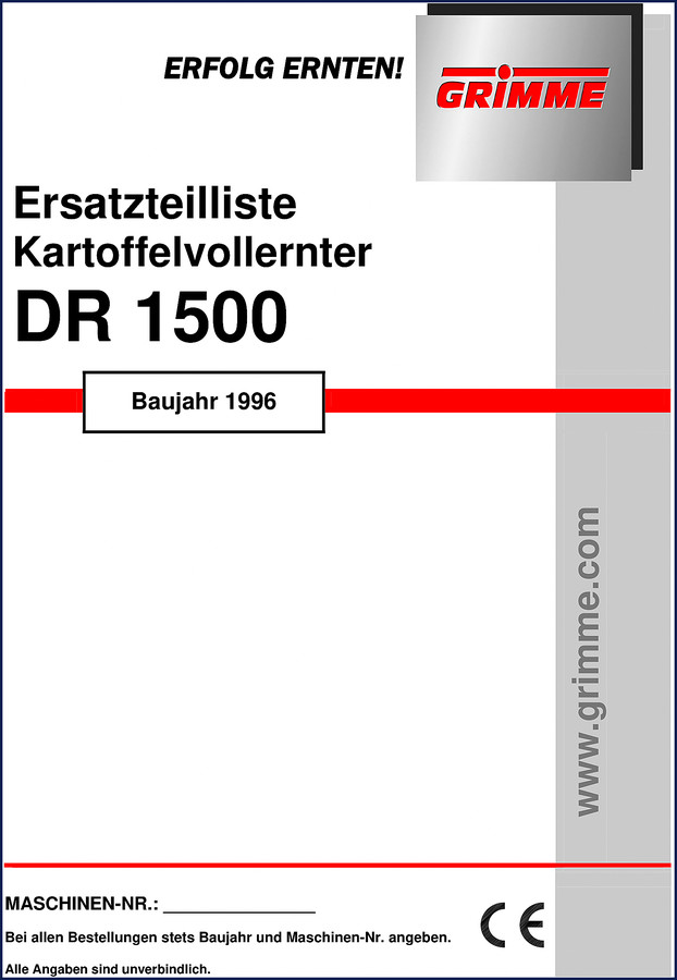 Grimme DR 1500 1996 Parts Catalog cover showing potato harvester and part number callouts