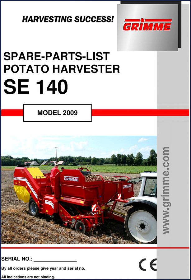 Grimme SE 140 2009 potato harvester parts catalog cover showing spare parts list and brake sections
