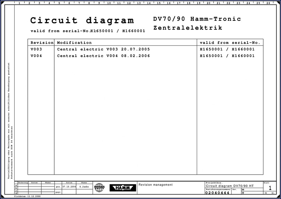 Hamm DV70/90 factory wiring diagram cover showing Hamm-Tronic central electric schematics