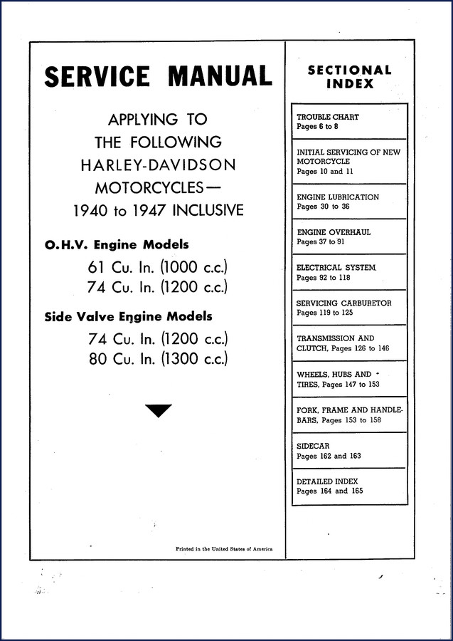 Harley-Davidson 1940-1947 service manual cover for 61, 74, and 80 Cu. In. models – 166 pages OEM factory document