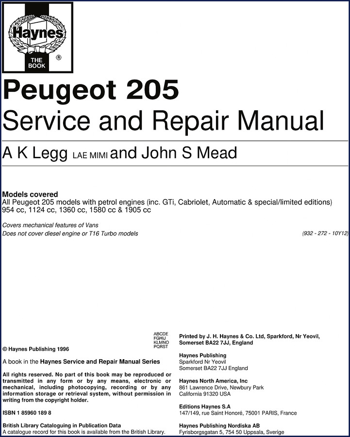 Haynes Peugeot 205 1996 Repair Manual cover showing the Haynes logo and Peugeot 205 diagram